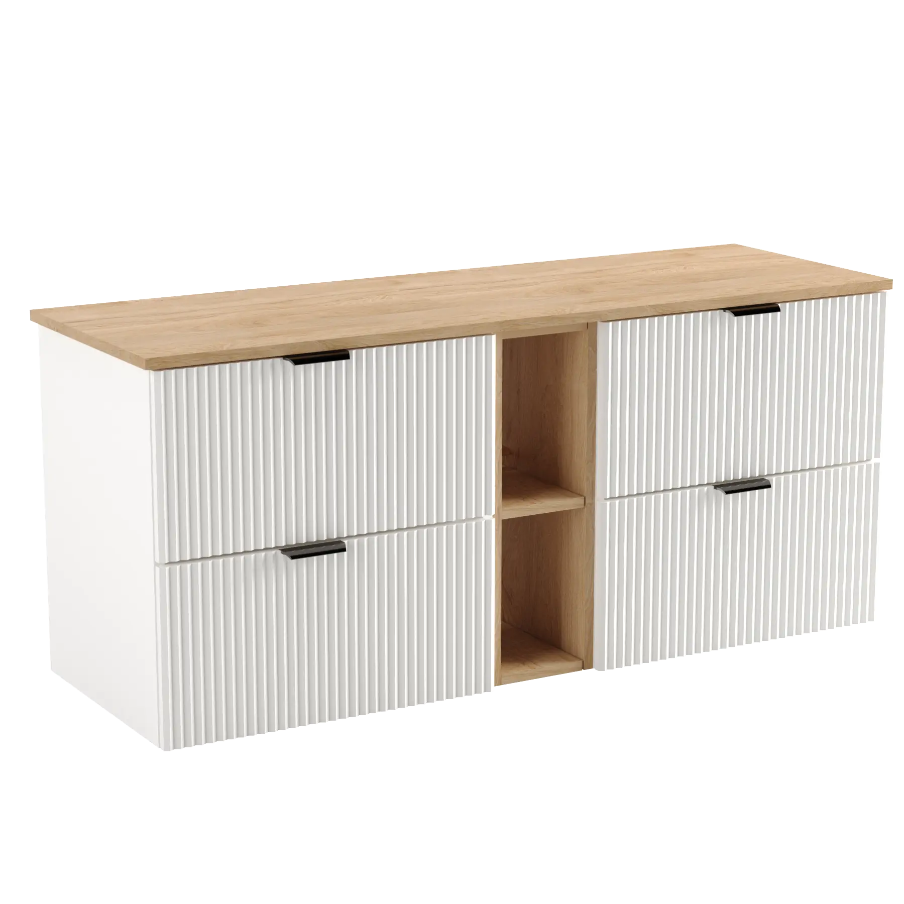 Waschtischunterschrank 140 cm Willy, in Weiß mit Walnuss-Regal und Walnussplatte, modernes und stilvolles Badezimmermöbel.