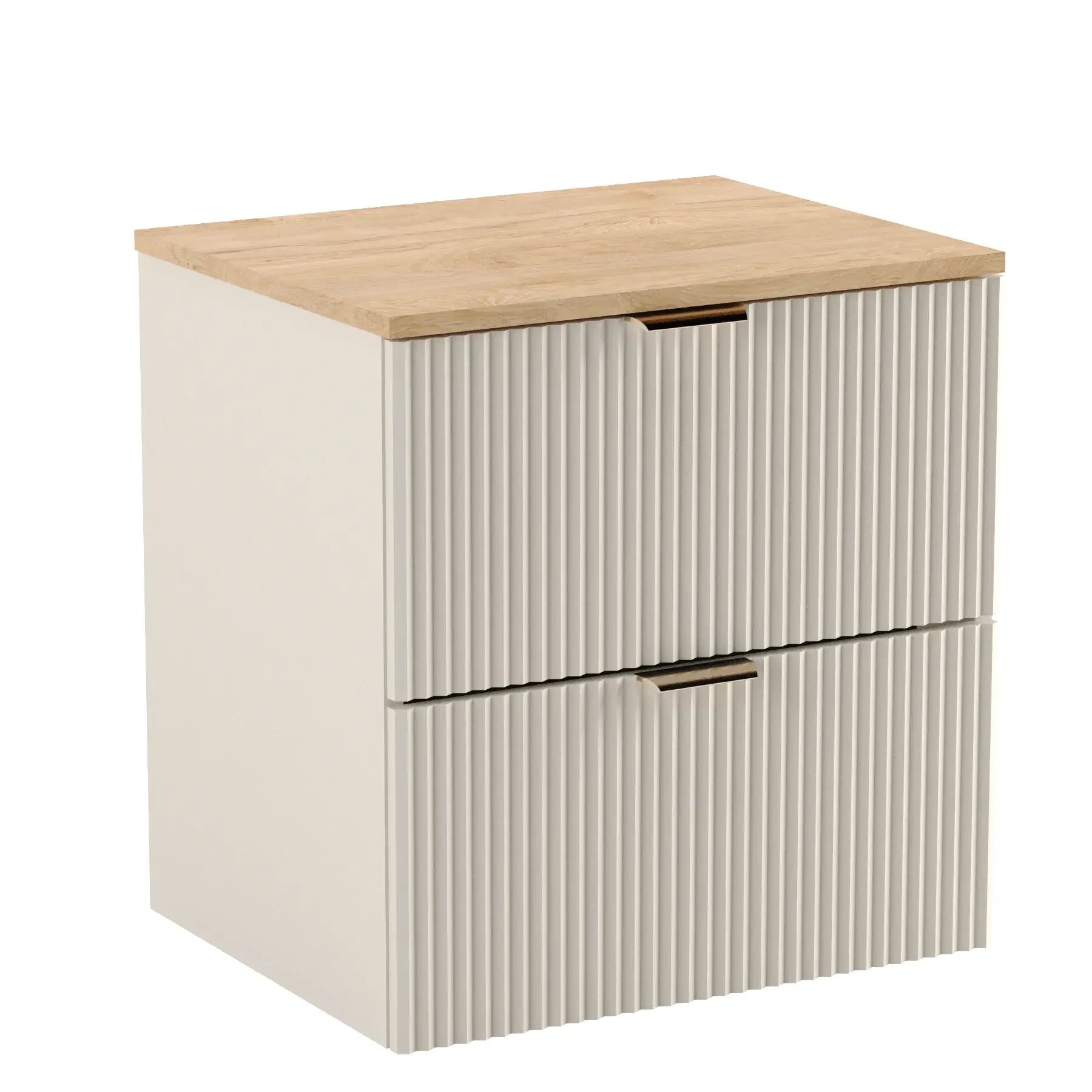 Komfortabler Waschtischunterschrank Willy, 60 cm, in Kaschmir und Walnussplatte, ideal für stilvolle Badezimmergestaltung.