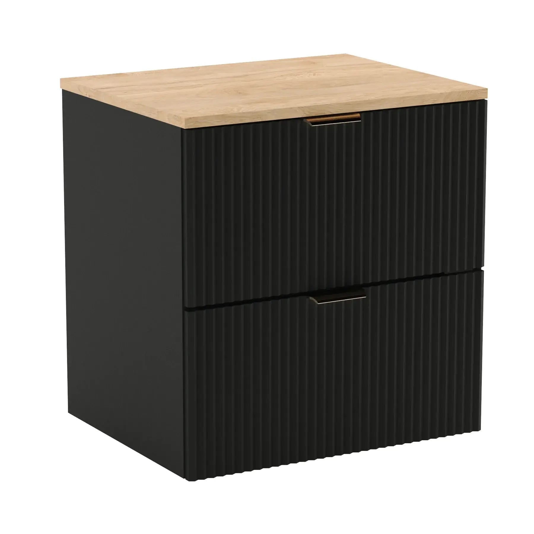 Waschtischunterschrank Willy, 60 cm breit, in Schwarz mit Walnussplatte für modernes Badezimmerdesign.