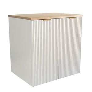 Waschtischunterschrank Willy, 60 cm, in Weiß und Walnussplatte, ideal für Badezimmer mit viel Stauraum hinter Türen.