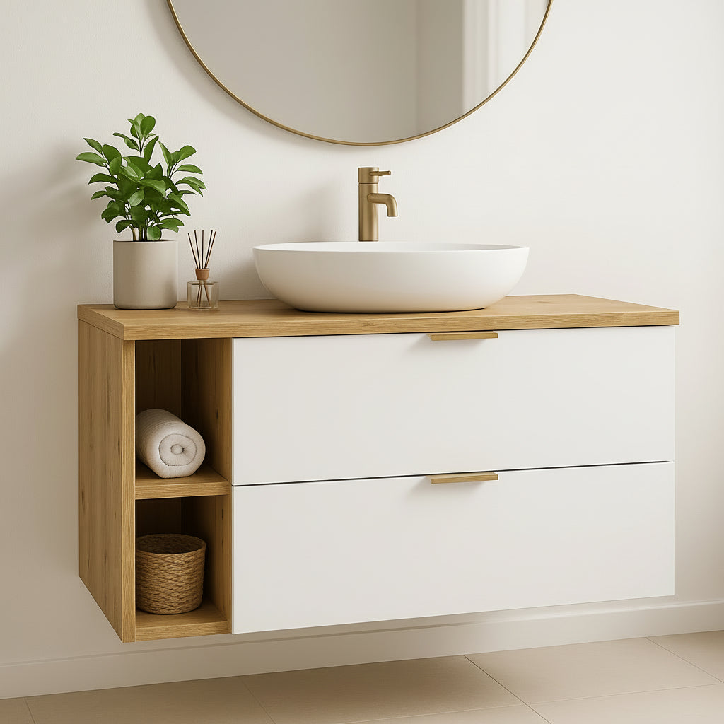 Waschtischunterschrank Orio 100 cm mit zwei Schubladen, Regalmodul und Ablageplatte in Weiß und Eiche Artisan, modernes Badezimmermöbel.