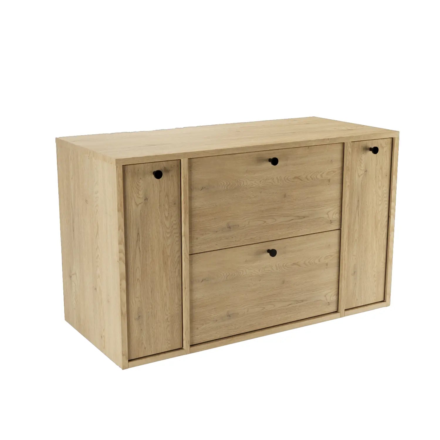 Waschtischunterschrank Belino 100 cm in Eiche Cremona mit glatten Fronten, 2 Schubladen und seitlichen Regalen für modernes Badezimmer.