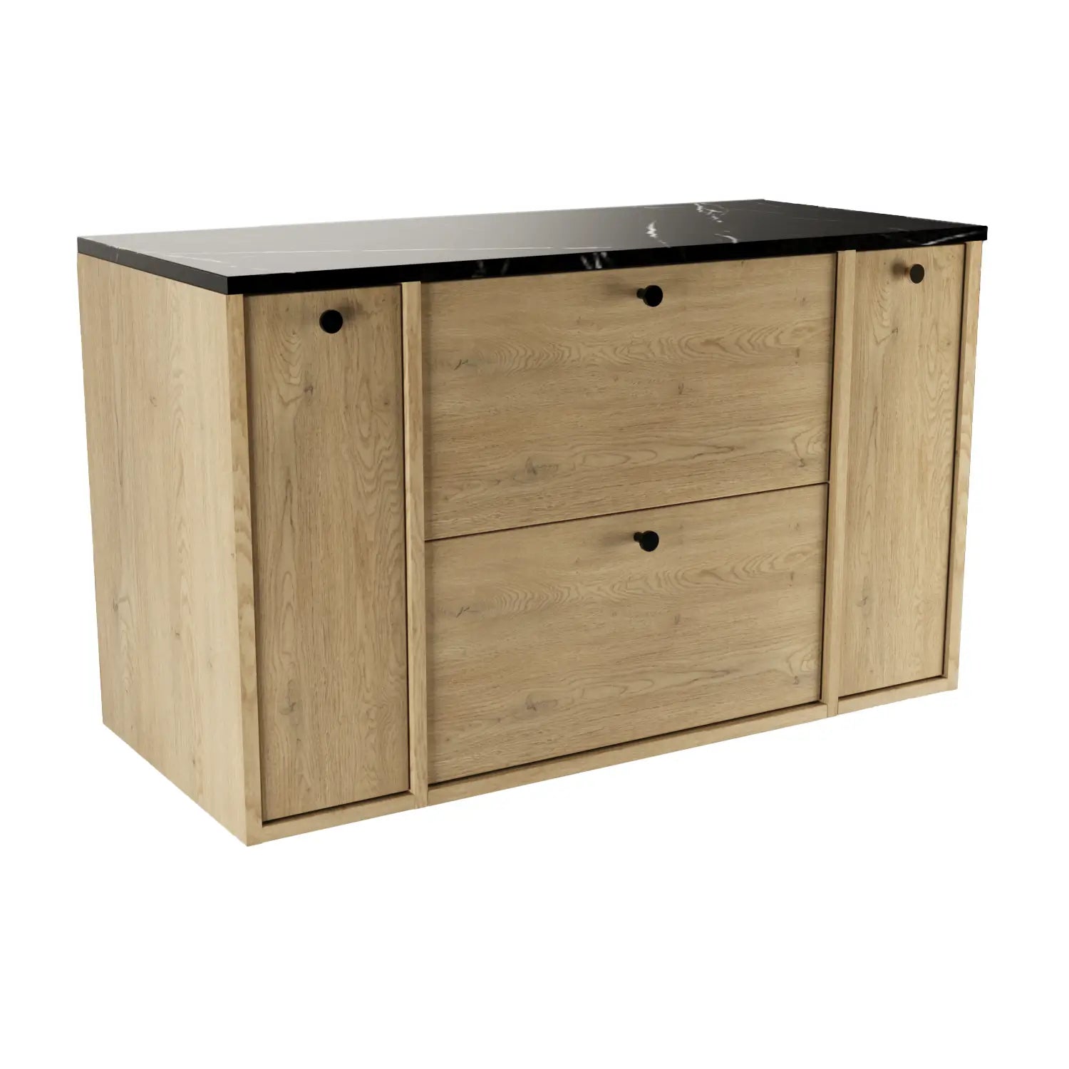 Waschtischunterschrank Belino 100 cm Eiche Cremona mit Marmor Schwarz-Top, 2 Schubladen und seitlichen Regalen für modernes Badezimmer.