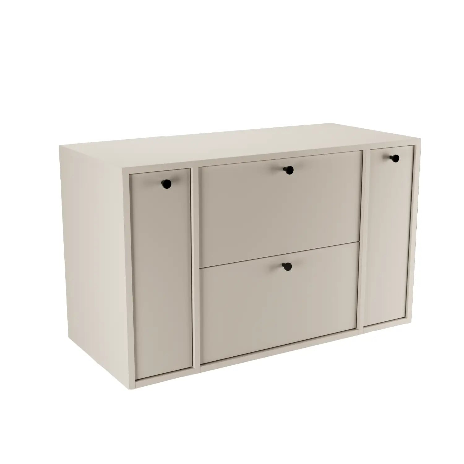 Waschtischunterschrank Belino 100 cm in Kaschmir mit glatten Fronten, 2 Schubladen und seitlichen Regalen für modernes Badezimmer.