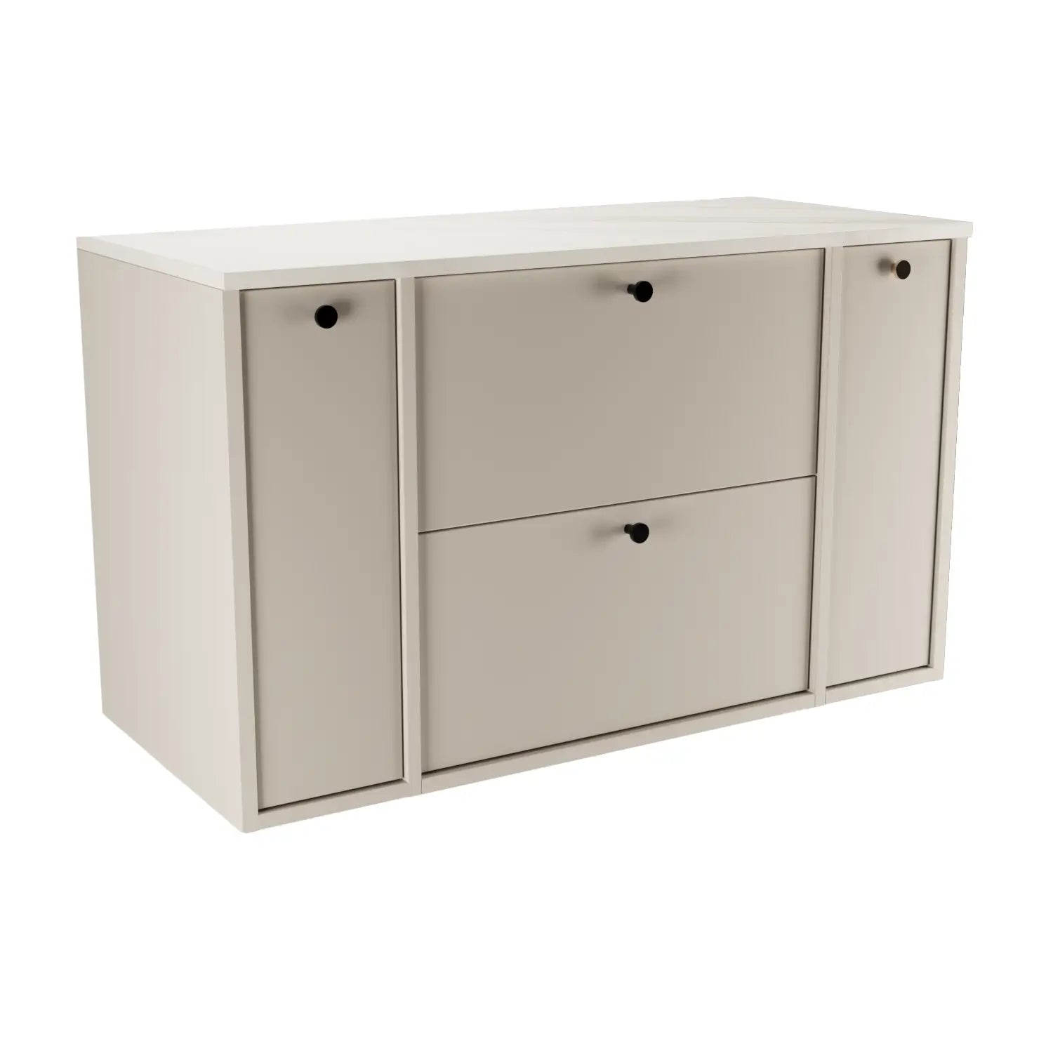 Waschtischunterschrank Belino 100 cm in Kaschmir mit Marmor Bianco-Top, 2 Schubladen und seitlichen Regalen für modernes Badezimmer.