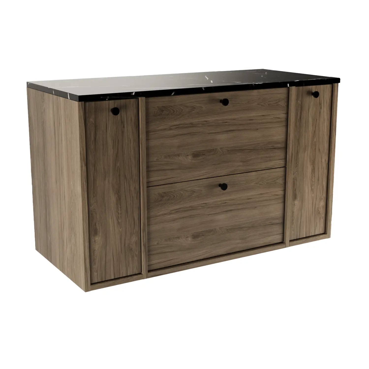 Waschtischunterschrank Belino 100 cm in Walnuss Dunkel mit Marmor Schwarz-Top, 2 geschlossenen Regalen und 2 Schubladen für modernes Badezimmer.