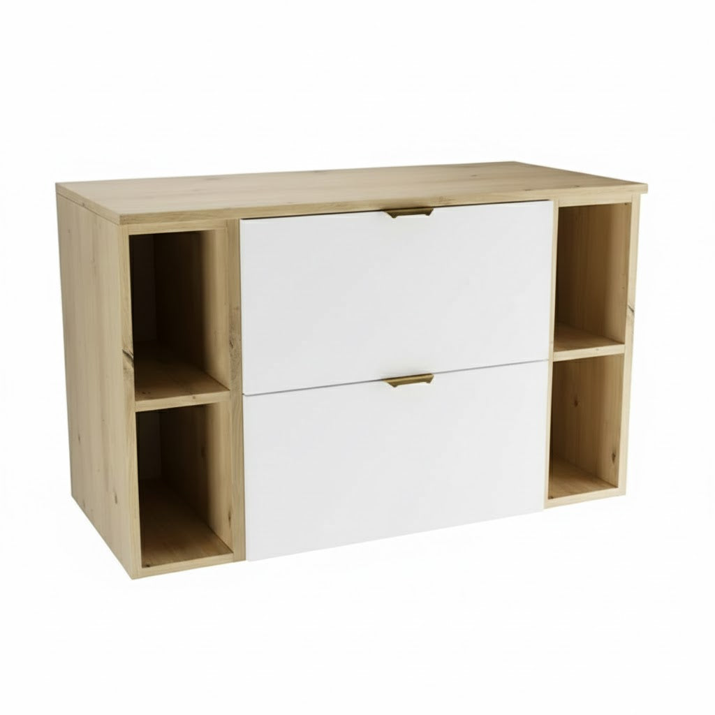 Waschtischunterschrank Orio 100 cm mit zwei Schubladen, Regalen und Arbeitsplatte in Weiß und Eiche Artisan, modernes Badezimmermöbel.