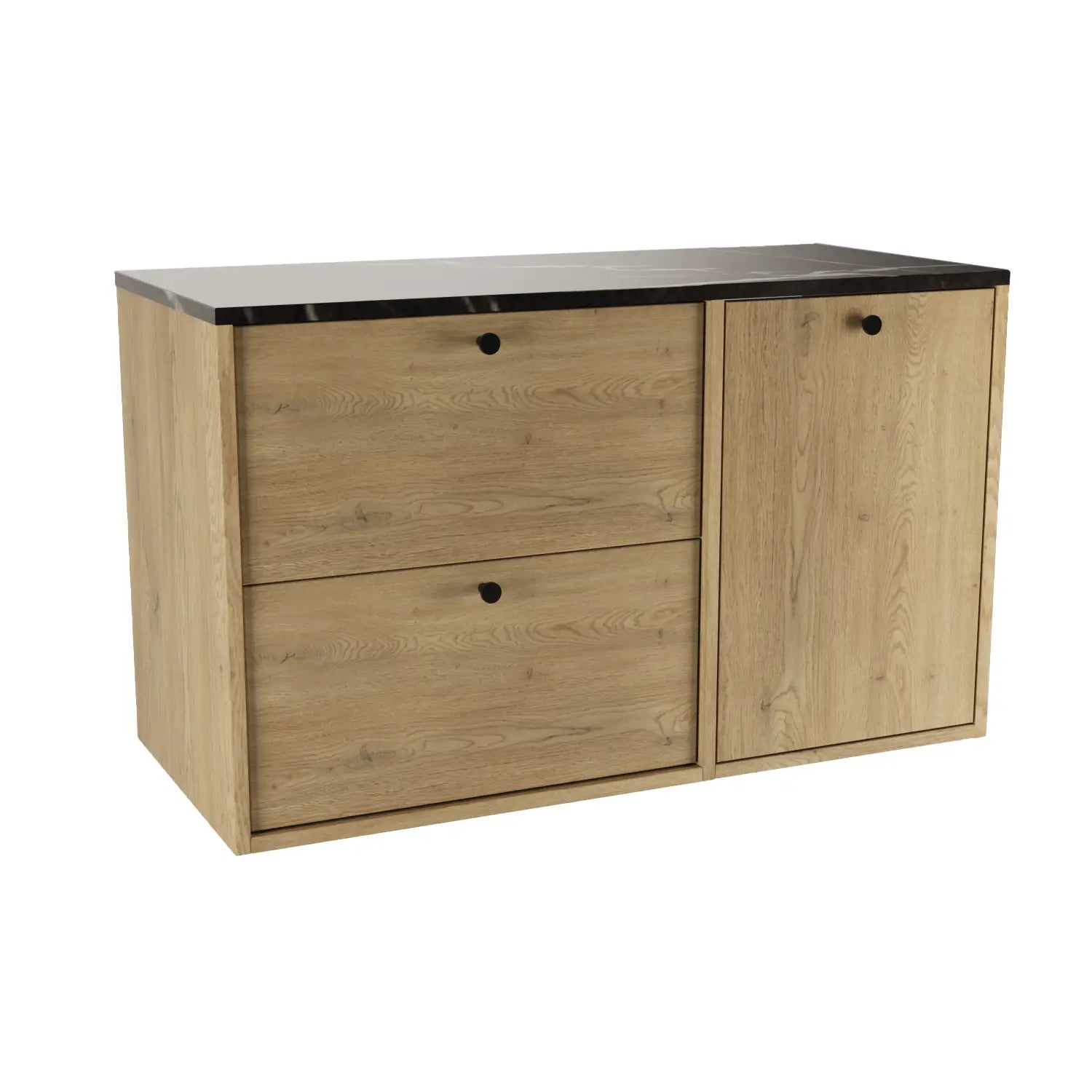 Waschtischunterschrank Belino 100 cm Eiche Cremona mit integriertem Wäschekorb, 60+40 cm Schränken und Marmor Schwarz-Top für modernes Badezimmer.