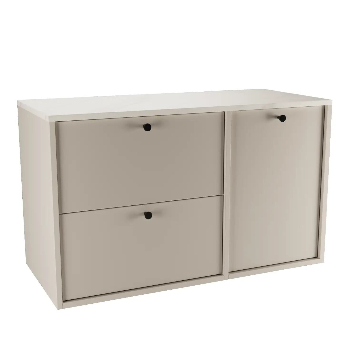 Waschtischunterschrank Belino 100 cm Kaschmir mit integriertem Wäschekorb, 60+40 cm Schränken und Marmor Bianco-Top für modernes Badezimmer.