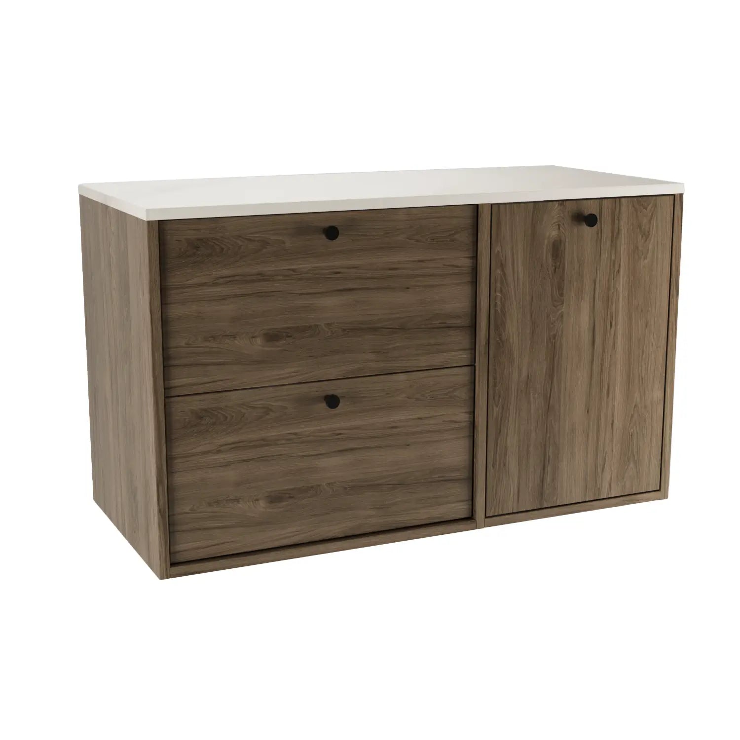 Waschtischunterschrank Belino 100 cm Walnuss Dunkel mit integriertem Wäschekorb, 60+40 cm Schränken und Marmor Bianco-Oberplatte für modernes Badezimmer.