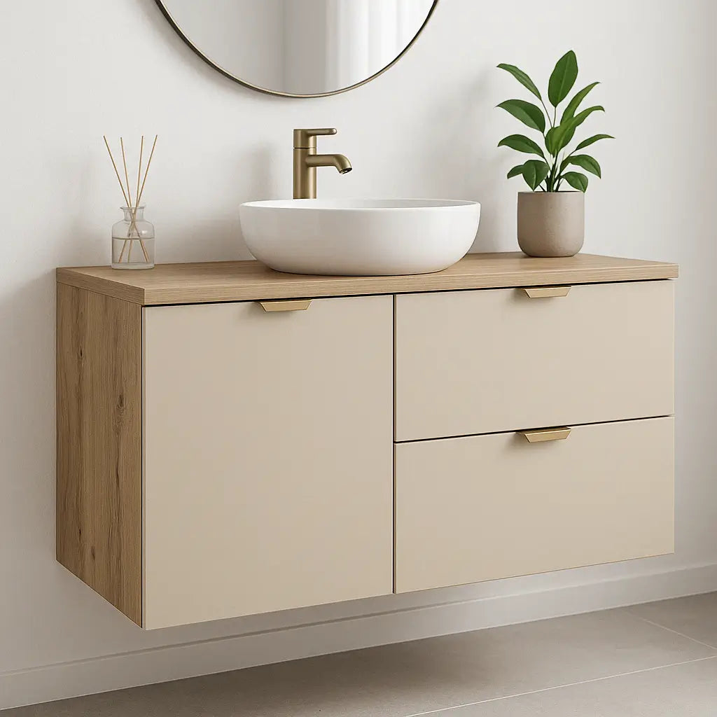 Waschtischunterschrank Orio 100 cm mit Kaschmir-Fronten und Eiche Artisan Korpus, integriertem Wäschekorb und schwarzen Griffen im modernen Badezimmer.