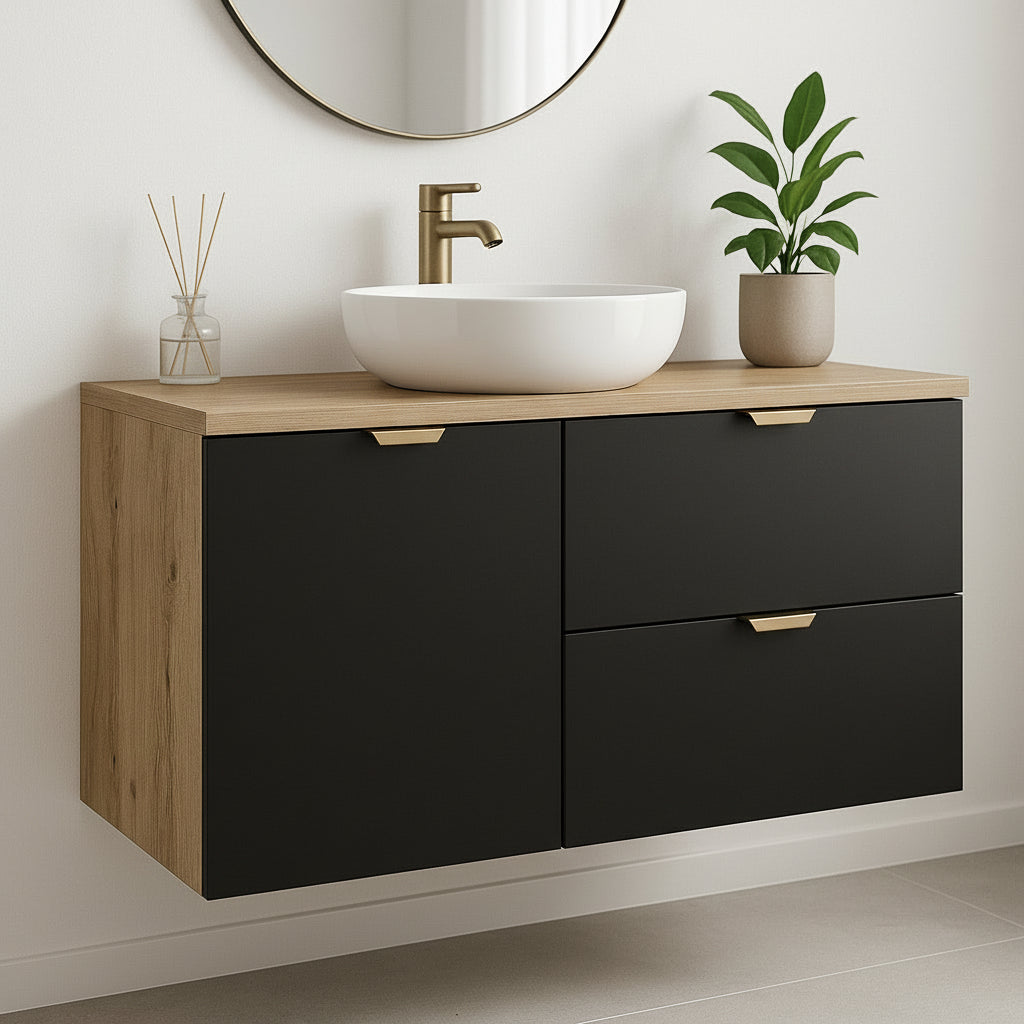 Waschtischunterschrank Orio 100 cm mit integriertem Wäschekorb, schwarzen Fronten und Korpus in Eiche Artisan, modernes Badezimmermöbel.