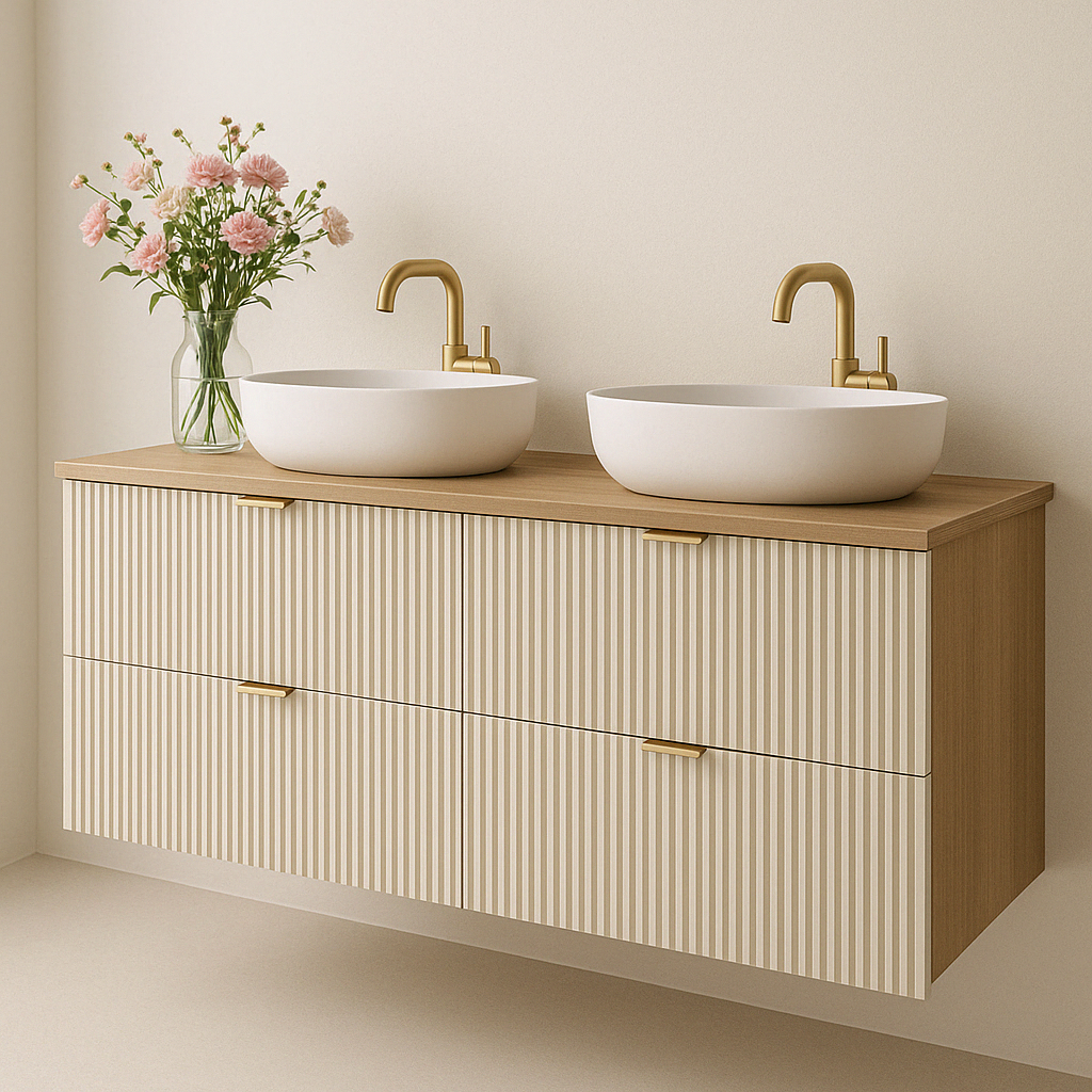 Waschtischunterschrank Willy, 120 cm breit mit 4 Schubladen, in Kaschmir/Walnuss für stilvolle Badezimmer.