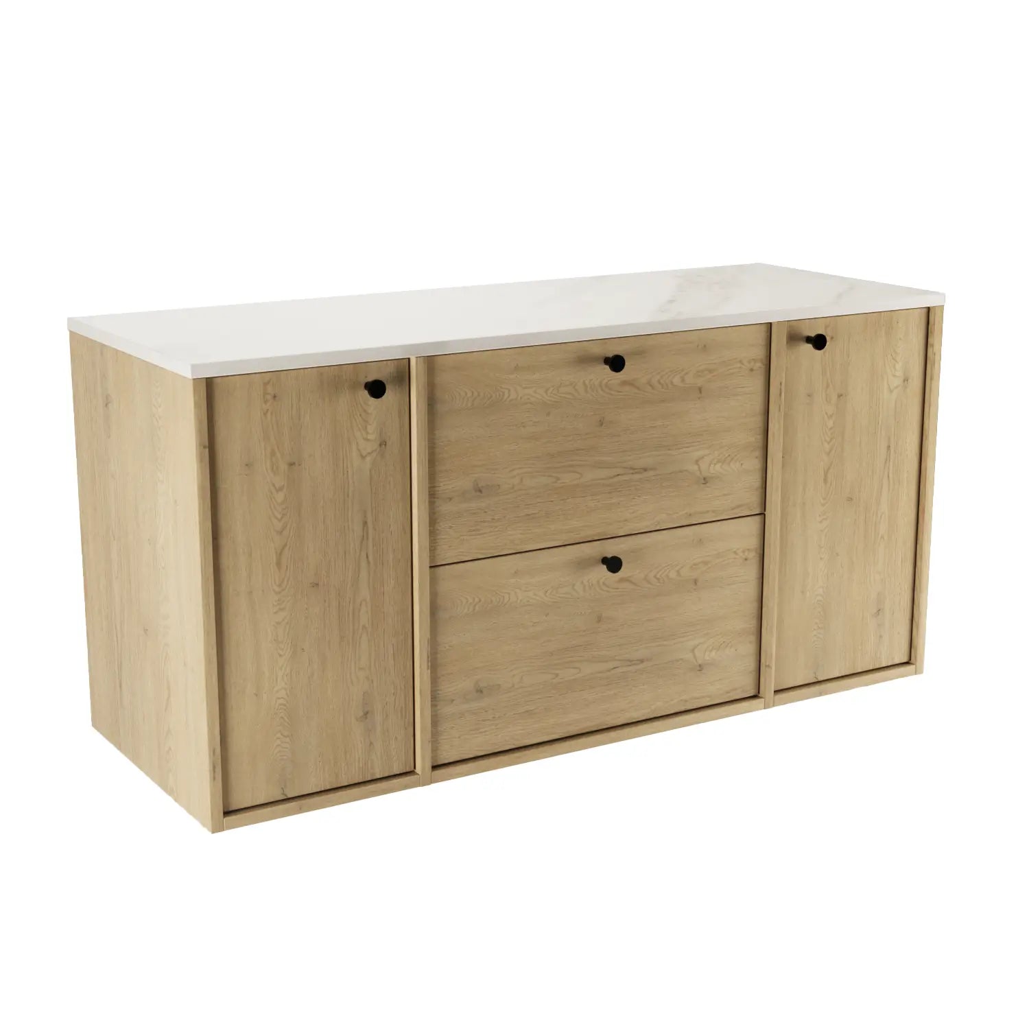 Waschtischunterschrank Belino 120 cm Eiche Cremona mit 2 Türen, 2 SOFT-CLOSE-Schubladen, glatten Fronten und Marmor Bianco-Oberplatte.
