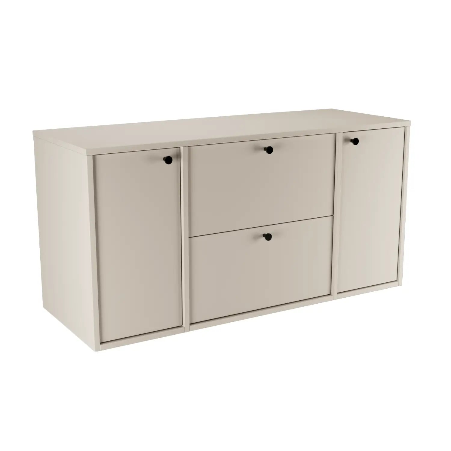 Waschtischunterschrank Belino 120 cm in Kaschmir mit glatten Fronten, 2 Türen und 2 SOFT-CLOSE-Schubladen.