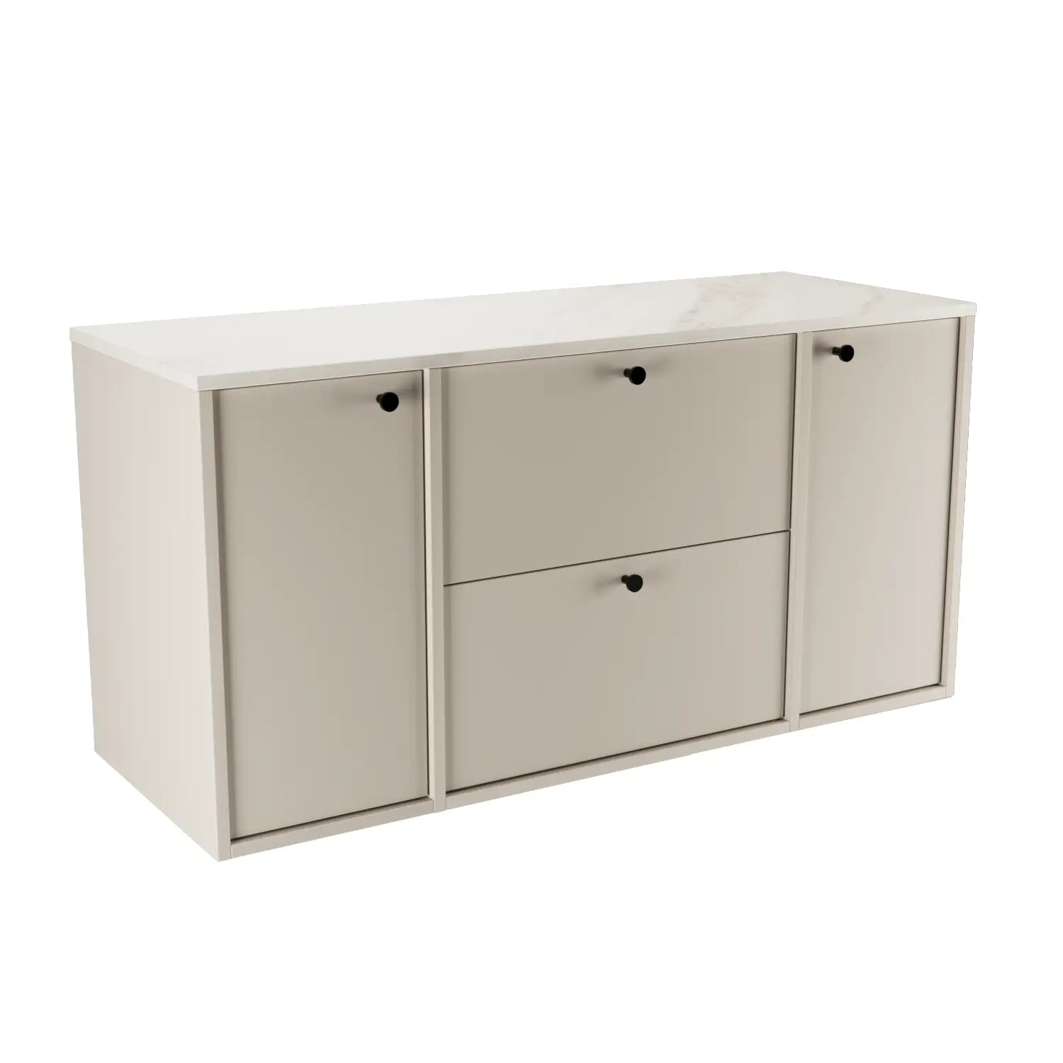 Waschtischunterschrank Belino 120 cm Kaschmir mit glatten Fronten, 2 Türen, 2 SOFT-CLOSE-Schubladen und Oberplatte in Marmor Bianco.