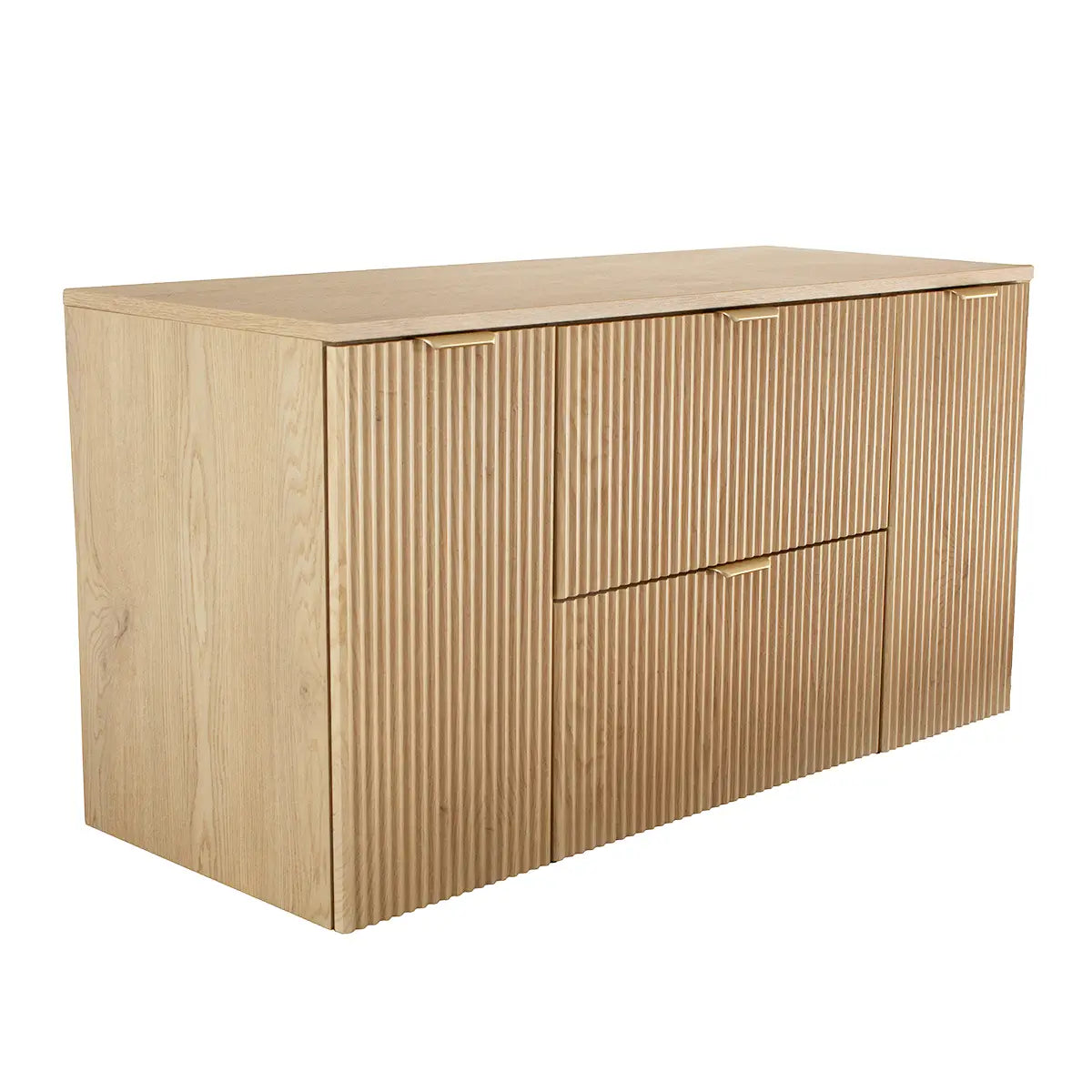 Waschtischunterschrank 120 cm Willy in Eiche Cremona mit geriffelten Fronten, zwei Türen, zwei Soft-Close-Schubladen, Metallgriffen und passendem Waschbeckenplatte.