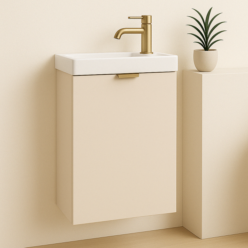 Waschtischunterschrank 40 cm Orio Kaschmir mit einer Tür, goldenen Griffen und integriertem Waschbecken – kompaktes und elegantes Möbelstück für kleine Badezimmer.