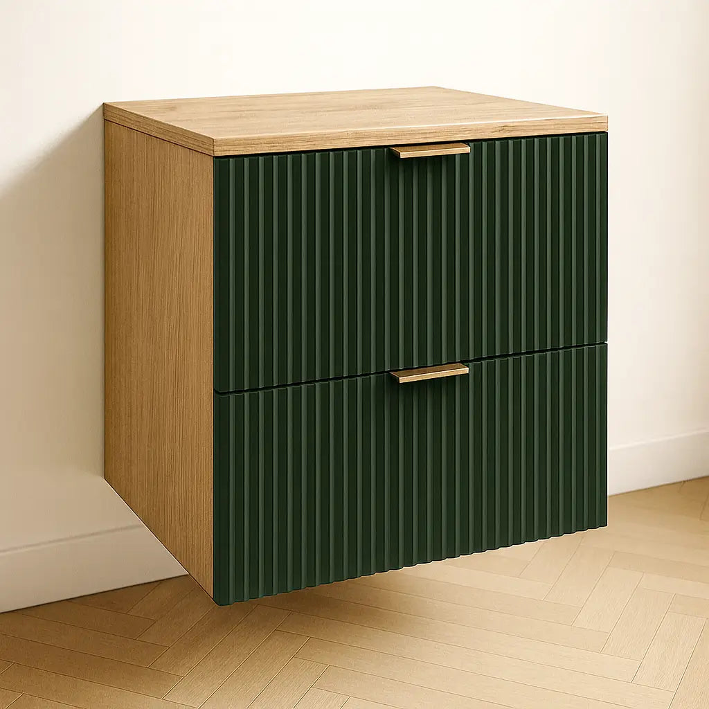 Waschtischunterschrank Willy, 60 cm, in Grün/Walnuss, perfekt für das moderne und elegante Badezimmer.