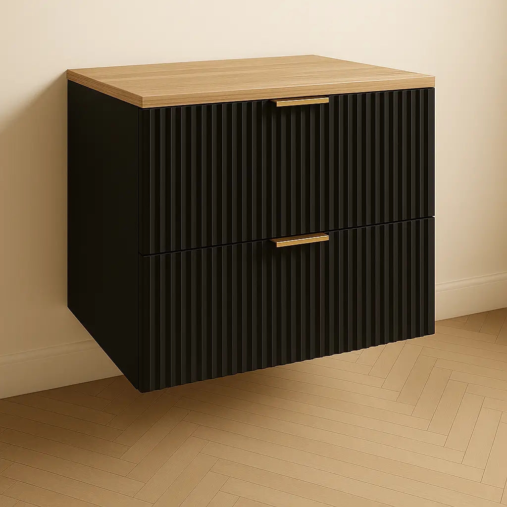 Waschtischunterschrank Willy, 60 cm breit, in Schwarz mit Walnussplatte für modernes Badezimmerdesign.