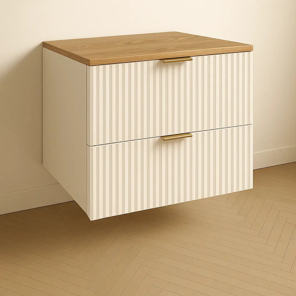 Waschtischunterschrank Willy 60 cm in Weiß mit Walnussplatte, geriffelten Fronten, zwei Schubladen und goldenen Metallgriffen