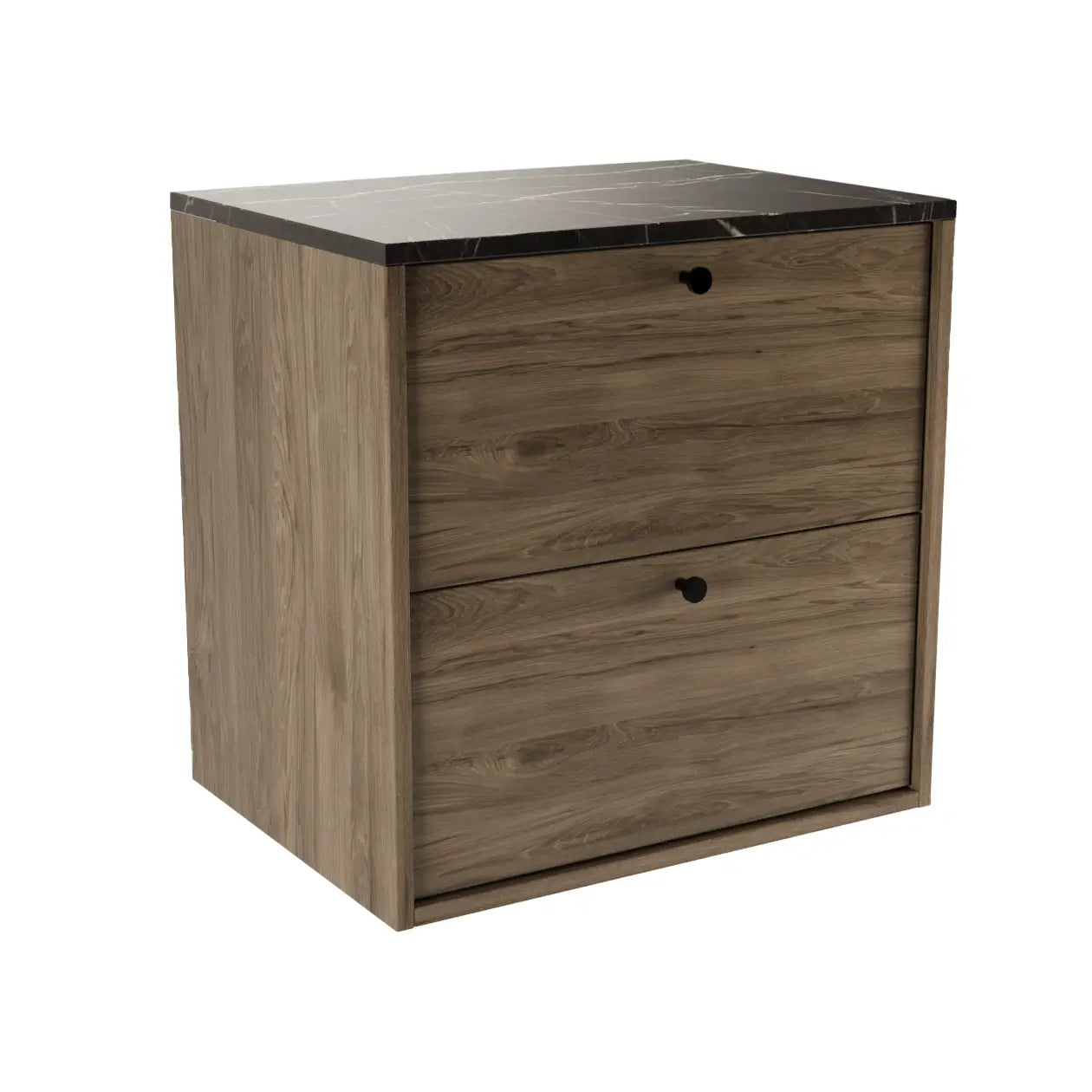 Belino Waschtischunterschrank 60 cm in Walnuss Dunkel mit Marmor Schwarz Arbeitsplatte, 2 Schubladen, Metallknöpfe schwarz oder gold.