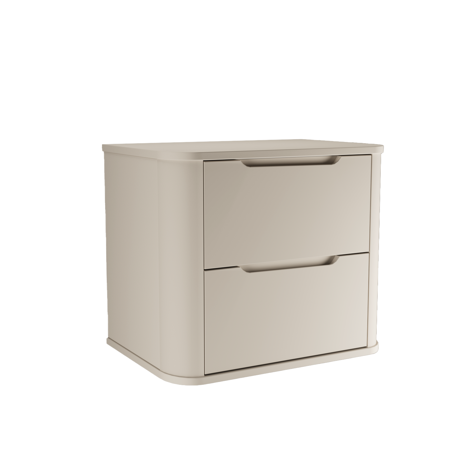 Abgerundeter Waschtischunterschrank Luma 60 cm in Kaschmir Matt mit zwei Schubladen für ein elegantes Badezimmer.
