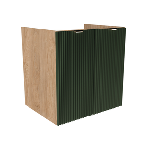 Waschtischunterschrank 60 cm mit geriffelten Salbei-Türen, Walnuss-Korpus und schwarzen oder goldenen Griffen, ohne Waschbecken/Oberteil.