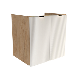 Waschtischunterschrank 60 cm in Weiß mit geriffelten Türen und Walnuss-Korpus, ohne Oberteil, mit schwarzen oder goldenen Metallgriffen.