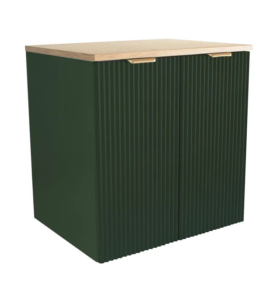 Waschtischunterschrank Willy 60 cm in Salbeigrün mit gerillten Türen und Walnussplatte, Metallgriffen und Soft-Close-Funktion.