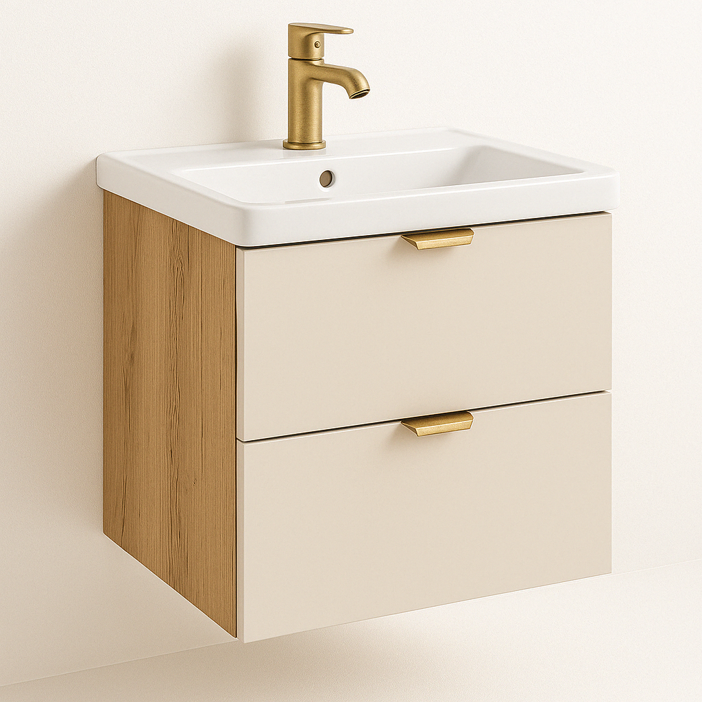 Waschtischunterschrank 60 cm mit Waschbecken Orio in Kaschmir mit Eiche Artisan, glatte Fronten, goldene oder schwarze Griffe.