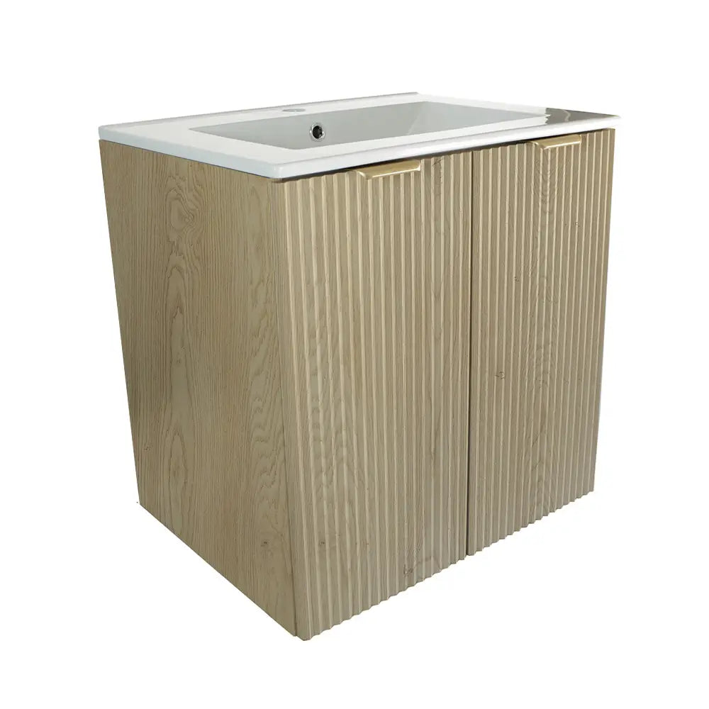 Waschtischunterschrank 60 cm in Eiche Cremona mit gerillten Fronten, eingelassenem Keramik-Waschbecken und Griffen in Schwarz oder Gold – Modell Willy.