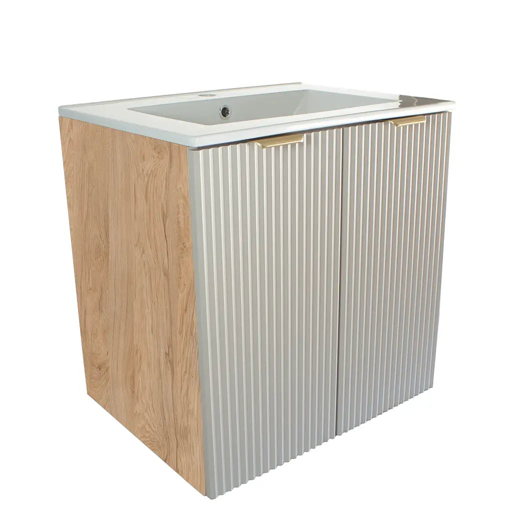 Waschtischunterschrank Willy 60 cm mit Kaschmir-Fronten, Walnuss-Korpus, gerillten Türen, eingelassenem Keramik-Waschbecken und Metallgriffen in Schwarz oder Gold.