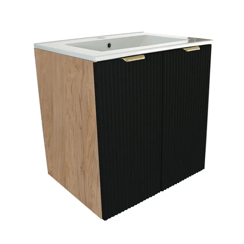 Waschtischunterschrank 60 cm mit gerillten schwarzen Fronten, Walnuss-Korpus, Keramik-Waschbecken und Griffen in Schwarz oder Gold – Modell Willy.