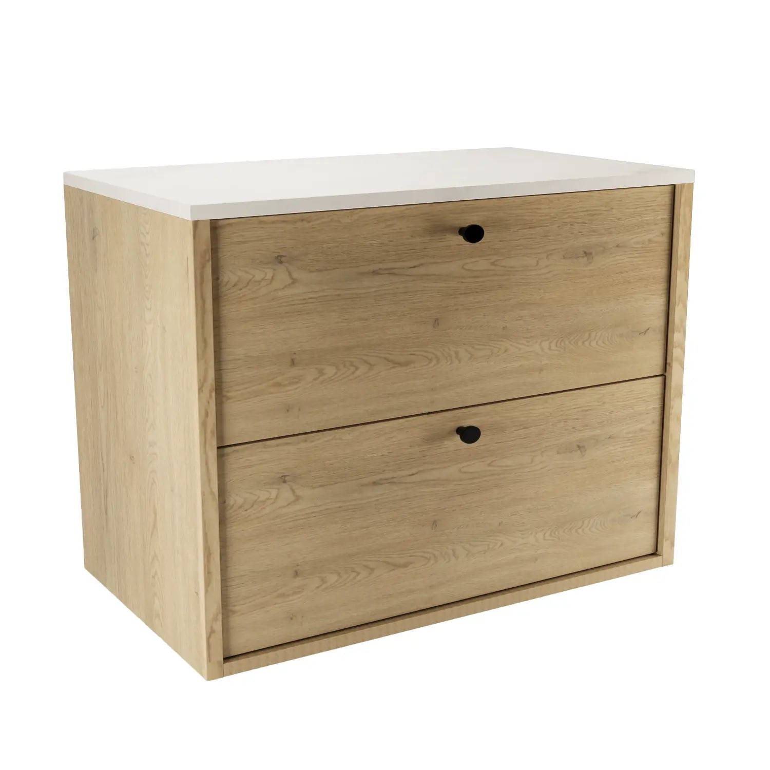 Belino Waschtischunterschrank 80 cm in Eiche Cremona mit Marmor Bianco Arbeitsplatte, glatte Fronten, Metallgriffe schwarz oder gold.