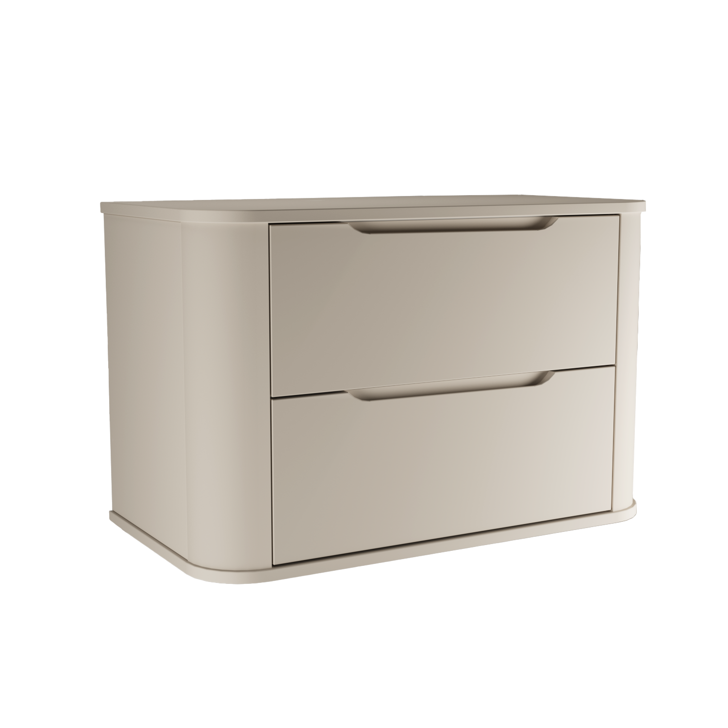 Moderner Waschtischunterschrank Luma 80 cm in Kaschmir Matt, abgerundeter Korpus und Fronten mit zwei großen Schubladen.