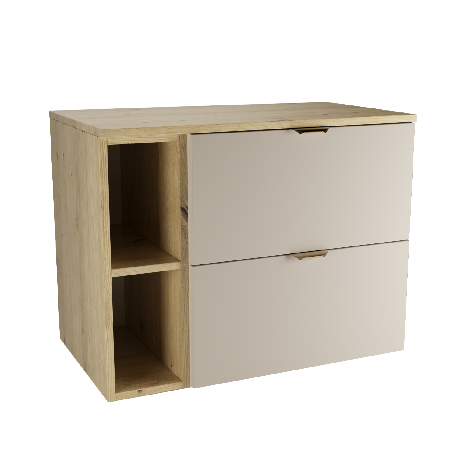 Wandhängender Waschbeckenunterschrank Orio 80 cm im Dekor Eiche Artisan mit 2 Schubladen, 20-cm-Regal und gebürsteten goldfarbenen Metallgriffen.