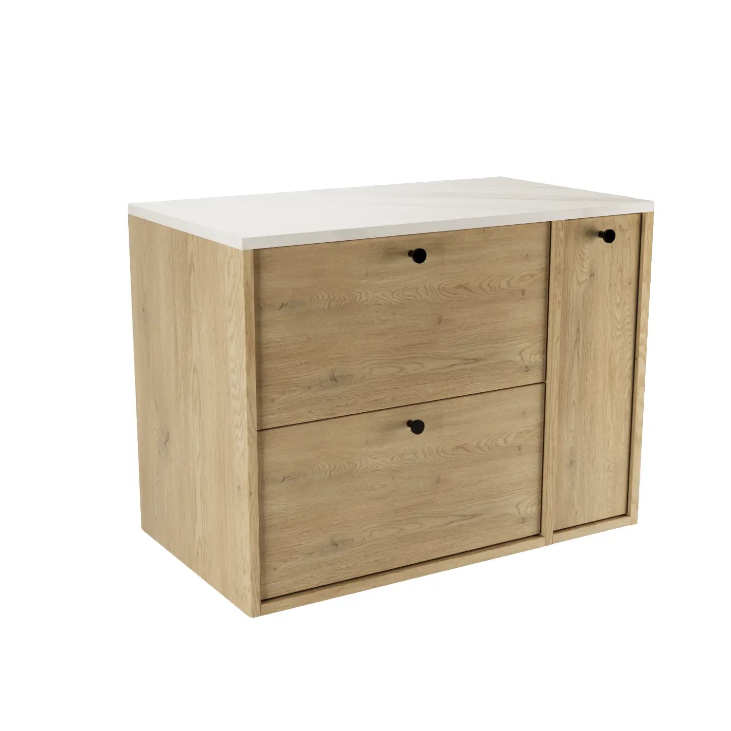 Belino Waschtischunterschrank 80 cm in Eiche Cremona mit Marmor Bianco Arbeitsplatte, geschlossenes Regal, 2 Schubladen, Metallgriffe schwarz oder gold