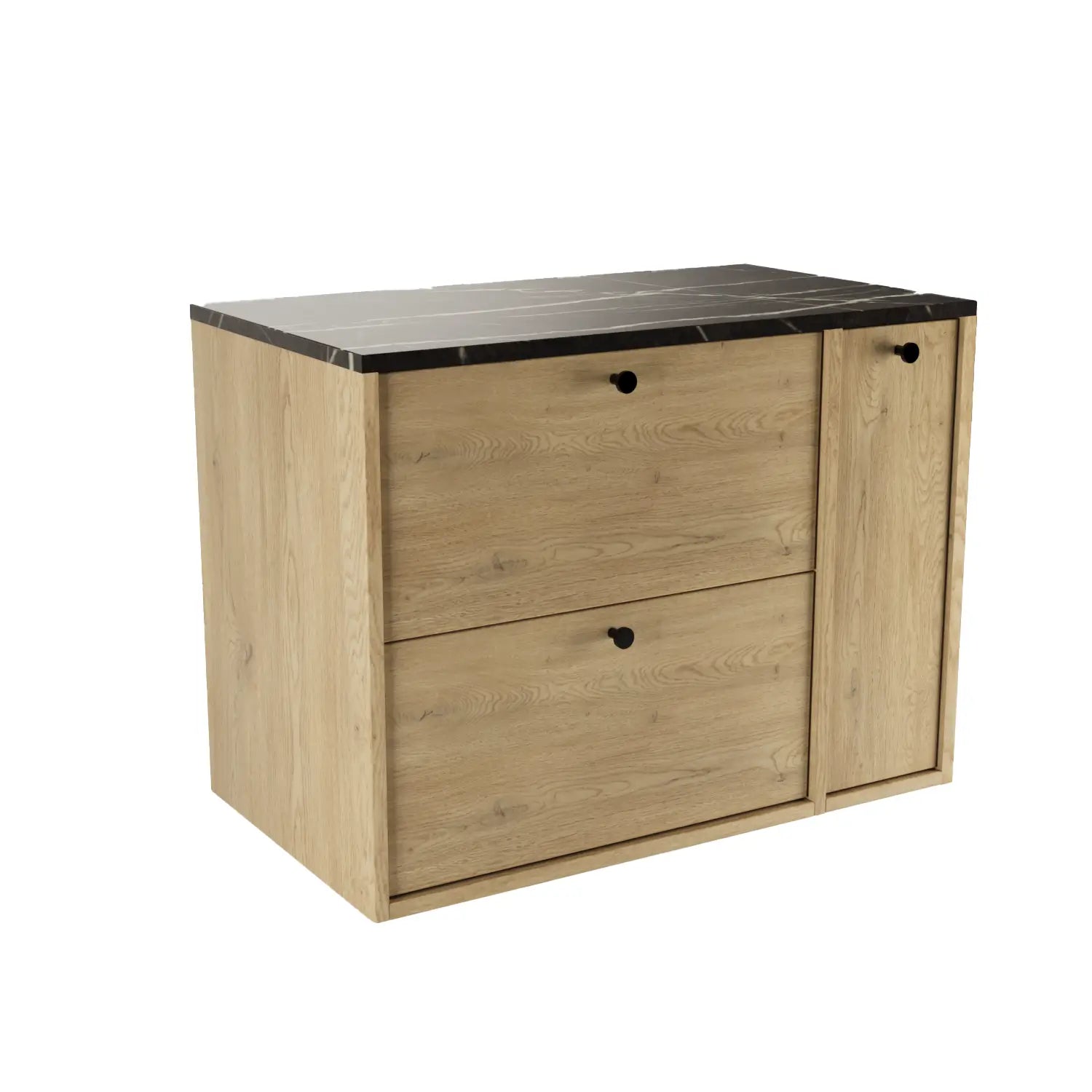 Belino Waschtischunterschrank 80 cm in Eiche Cremona mit Marmor Schwarz Arbeitsplatte, geschlossenes Regal, 2 Schubladen, Metallgriffe schwarz oder gold.