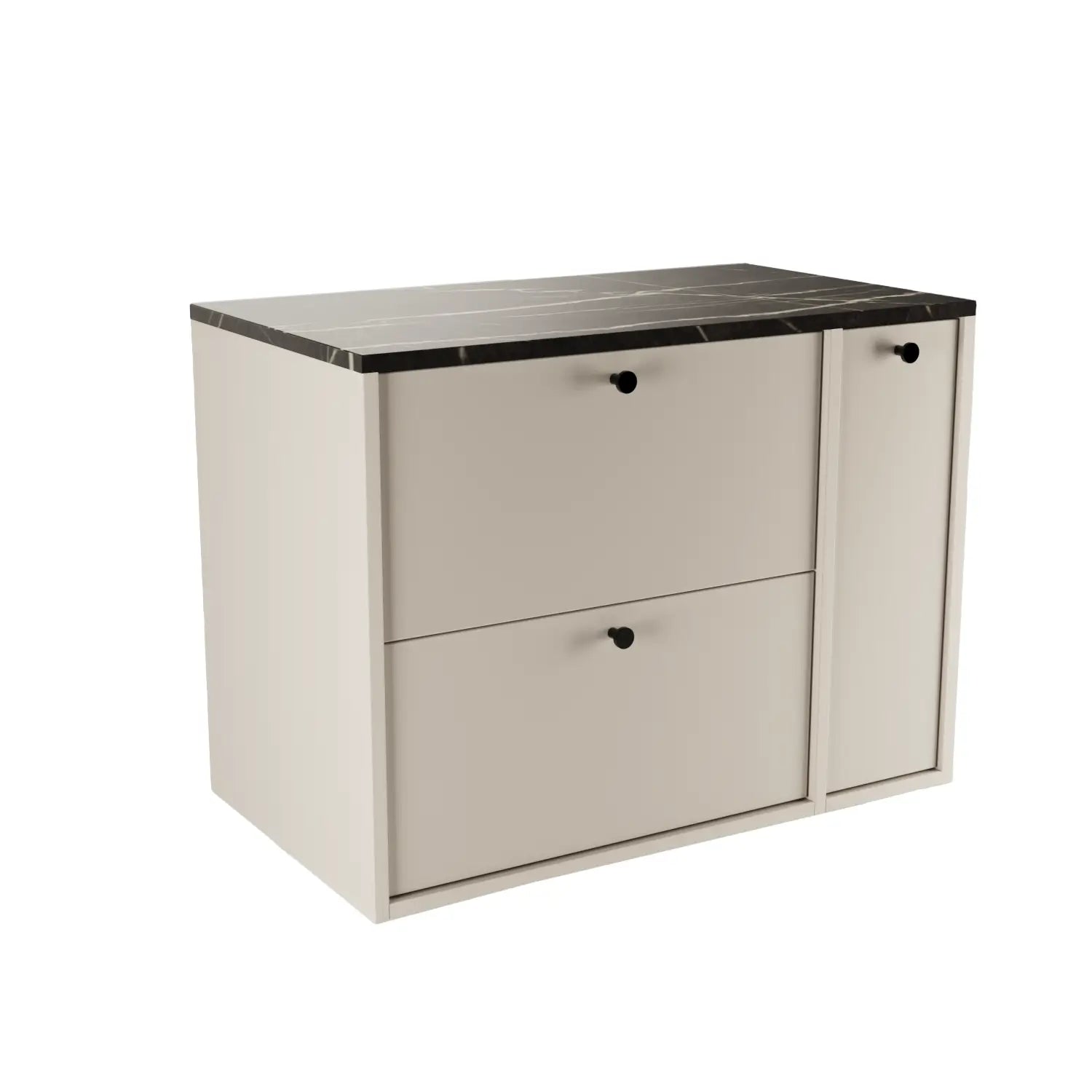 Belino Waschtischunterschrank 80 cm in Kaschmir mit Marmor Schwarz Arbeitsplatte, geschlossenes Regal, 2 Schubladen, Metallgriffe schwarz oder gold.