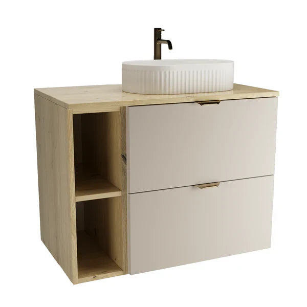 Badmöbel-Set Orio mit 80 cm Waschtischunterschrank in Kaschmir und Eiche Artisan sowie weißem Aufsatzwaschbecken Vanda, modernes Design.