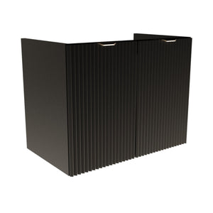 Schwarzer Waschtischunterschrank 80 cm mit geriffelten Türen, schwarzem Korpus und schwarzen Metallgriffen, ohne Waschbecken/Oberteil.