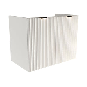 Weißer Waschtischunterschrank 80 cm mit geriffelten MDF-Fronten, laminiertem Spanplatten-Korpus, schwarzen oder goldenen Griffen, ohne Oberteil.