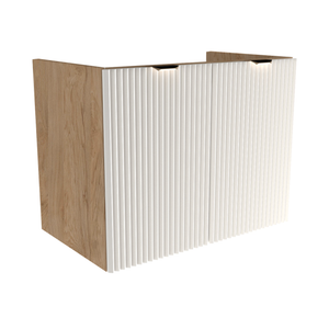 Waschtischunterschrank 80 cm mit weißen geriffelten MDF-Fronten, Walnuss-Korpus und schwarzen oder goldenen Griffen, ohne Waschbecken/Oberteil.