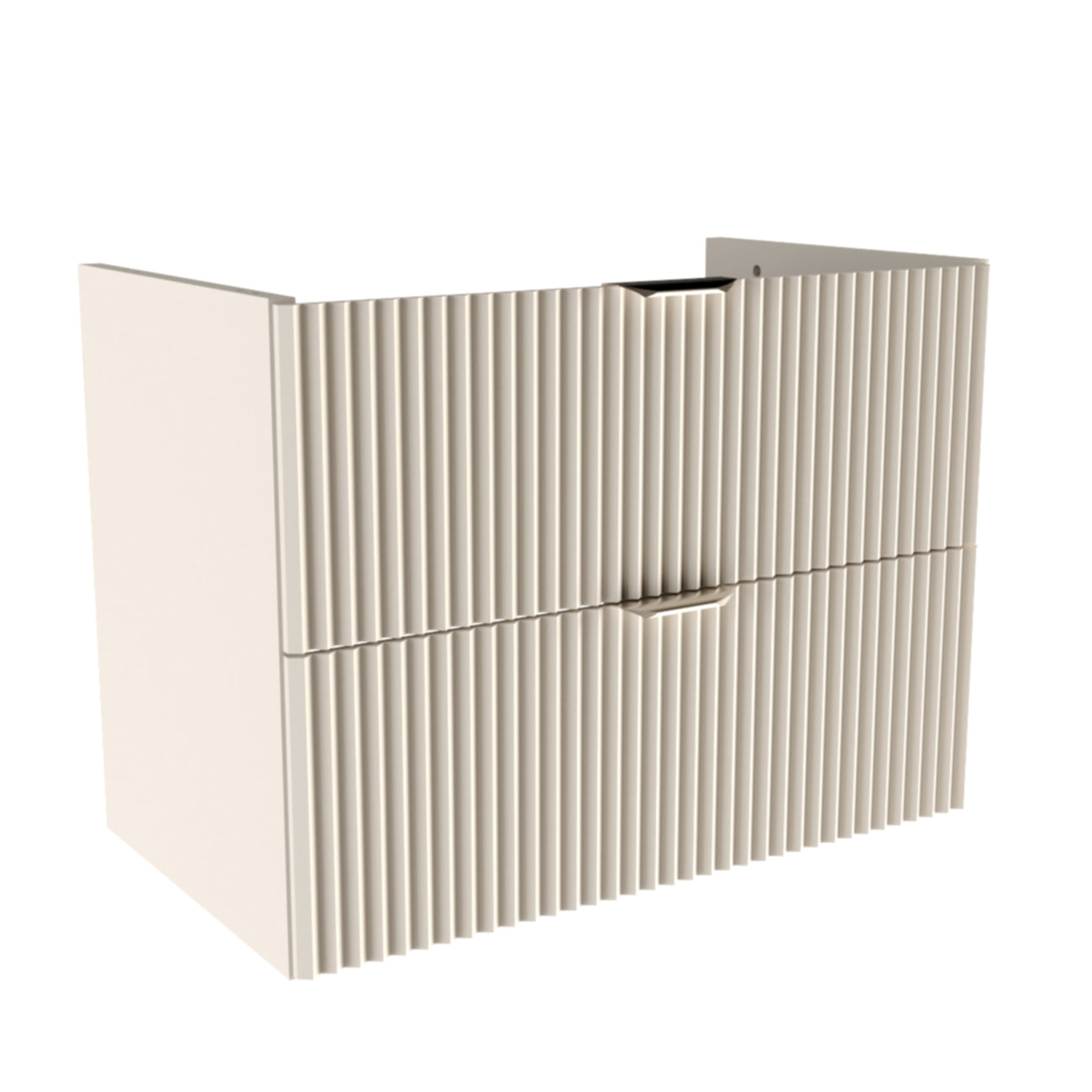 Waschtischunterschrank 80 cm komplett in Kaschmir mit gerillten Fronten, zwei Soft-Close-Schubladen, ohne Oberplatte, mit Metallgriffen.