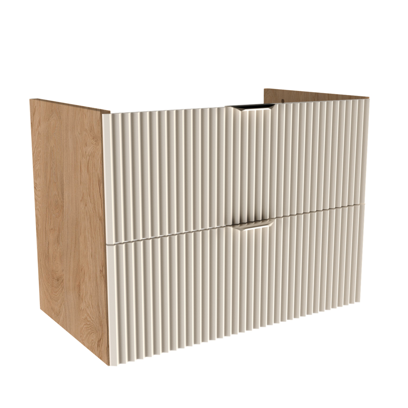 Waschtischunterschrank 80 cm mit gerillten Kaschmir-Fronten und Walnuss-Korpus, zwei Soft-Close-Schubladen, ohne Oberplatte, mit Metallgriffen.