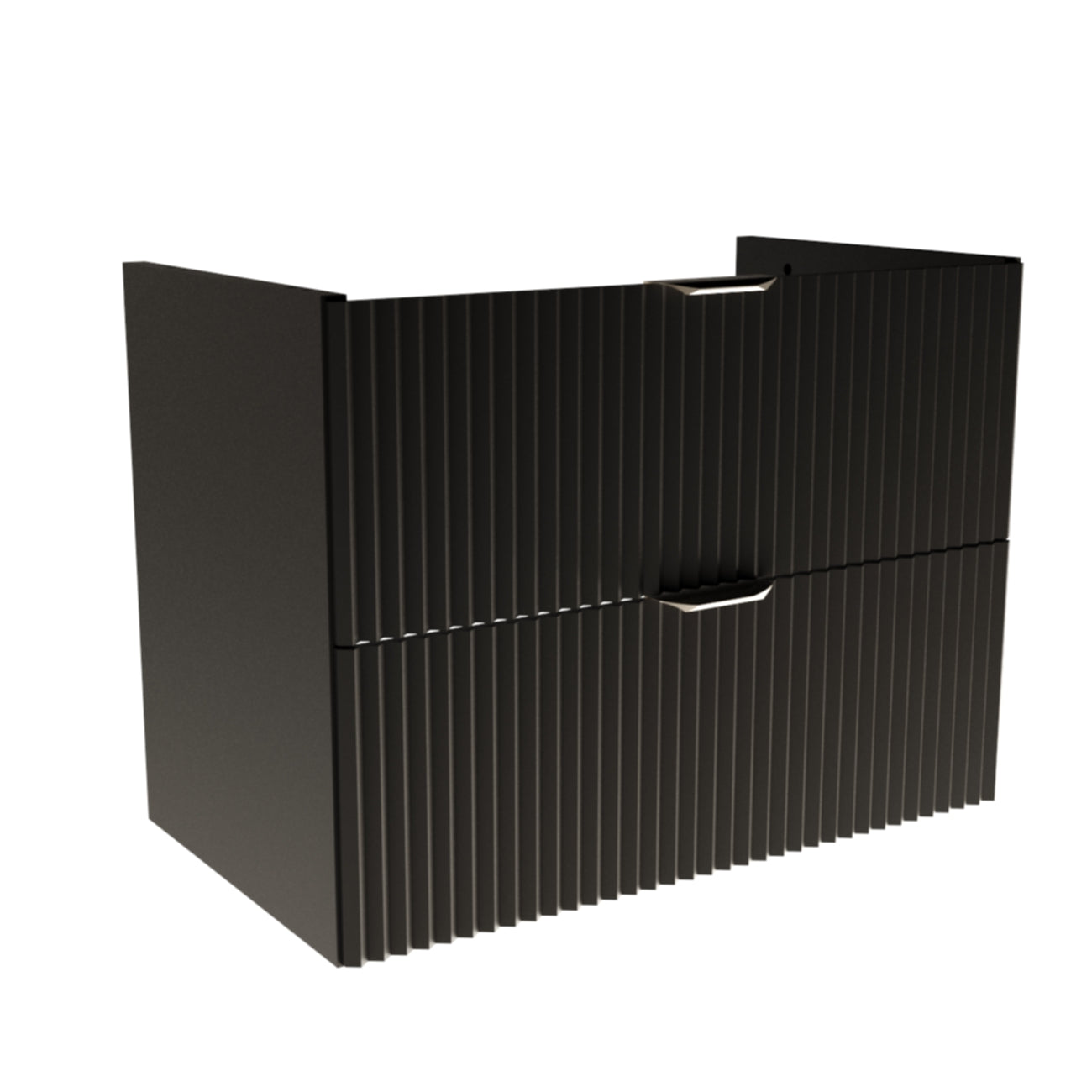 Waschtischunterschrank 80 cm komplett in Schwarz mit gerillten Fronten, zwei Soft-Close-Schubladen, ohne Oberplatte, mit Metallgriffen.