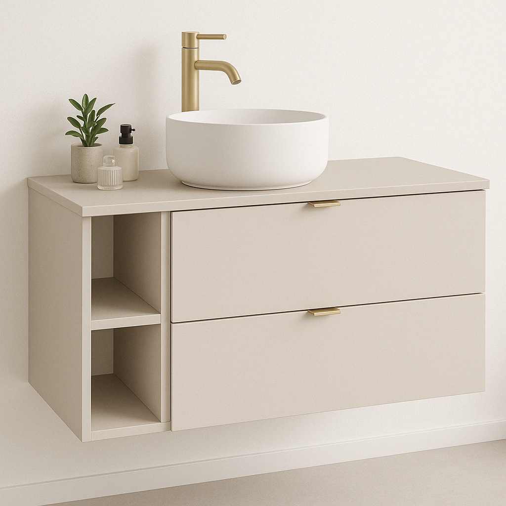 Waschtischunterschrank 100 cm Orio Kaschmir mit zwei Schubladen, Regal und goldenen Griffen – modernes Badezimmermöbel.