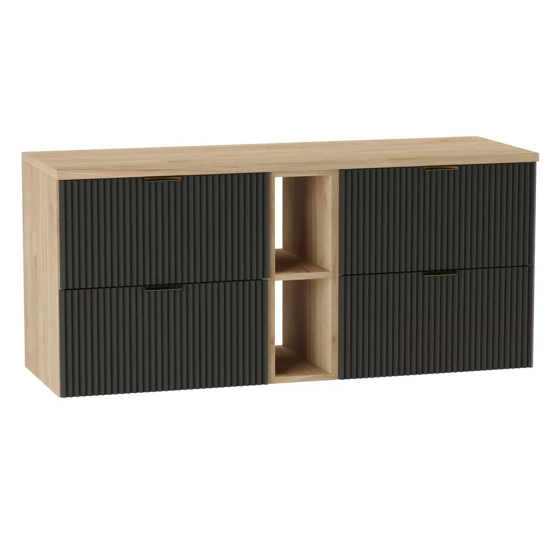 Waschtischunterschrank Willy, 140 cm breit, in Schwarz mit Walnussakzenten für elegantes Badezimmerdesign.