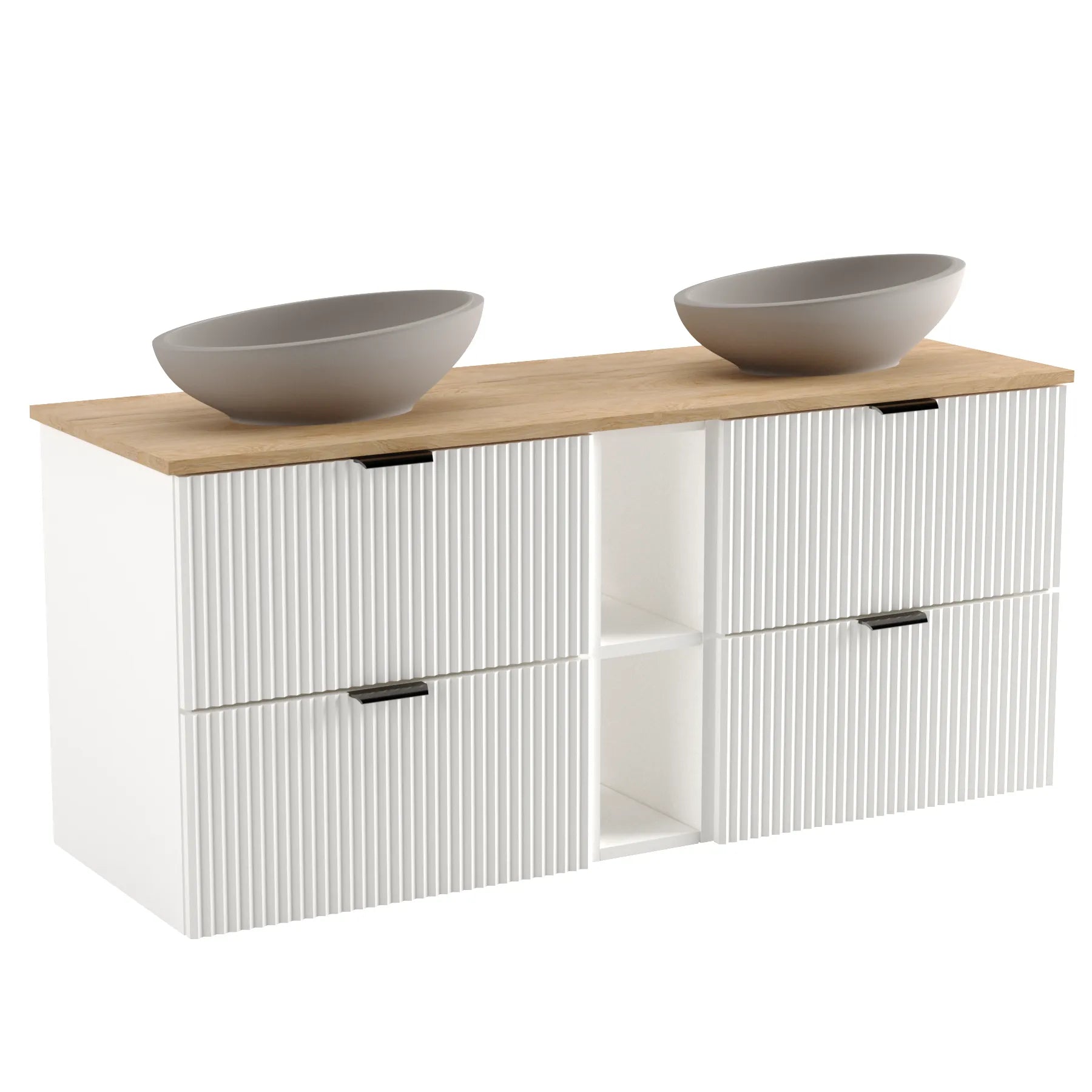 Waschtischunterschrank 140 cm Willy in Weiß und Walnussplatte, perfekt für moderne Badezimmergestaltungen.